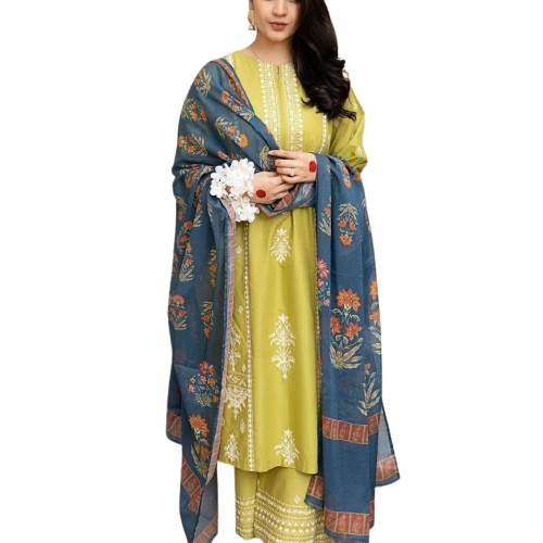 Yellow Embroidered Lawn 3Pcs Shirt Trouser Dupatta Set