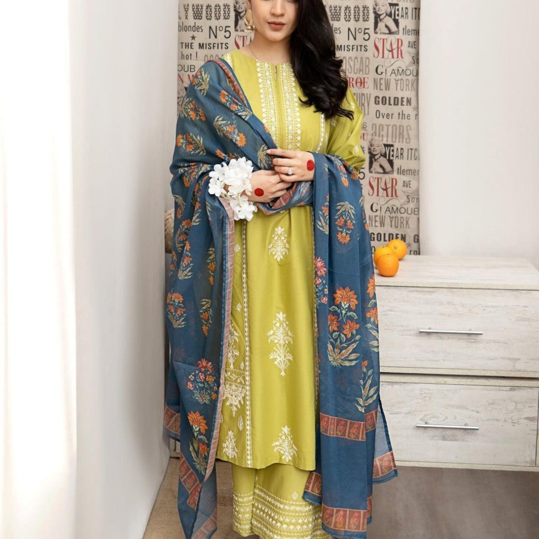 Yellow Embroidered Lawn 3Pcs Shirt Trouser Dupatta Set