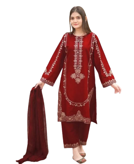 Maroon Sequin Embroidered 3-Piece Shamoz Silk Suit for Women